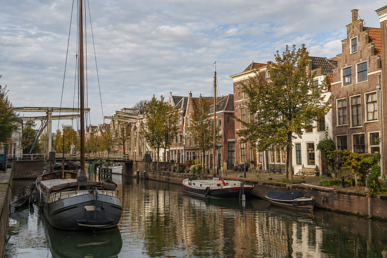 Historische panden en boten aan de Aelbrechtskolk in Oude Delfshaven